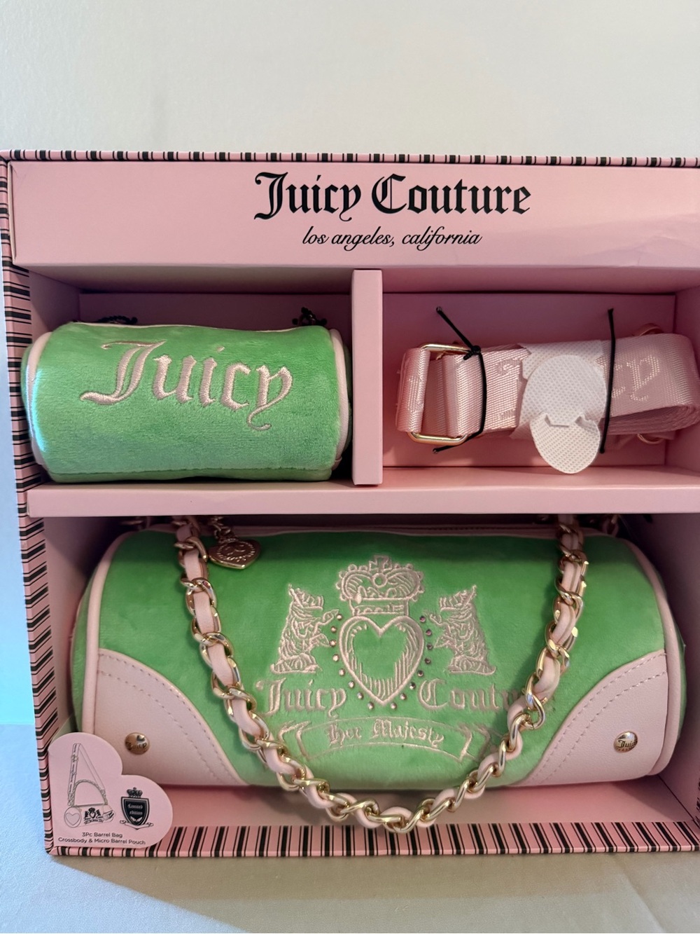 Juicy Couture Pink & Green Velvet Chain Shoulder Bag